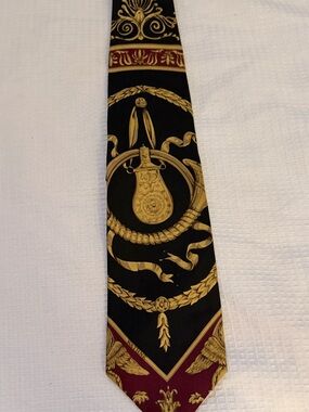 Vintage Wathne Black Silk Tie with Gold Medallion and Burgundy Accents